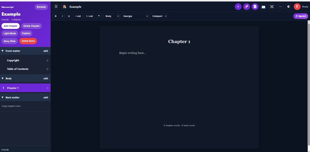 Alysum editor with manuscript sidebar, chapter list, and writing page